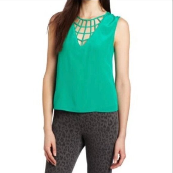 BCBGMAXAZRIA Emerald Elena Silk V-Neck Size XS Sleeveless Blouse Y2K Cutout - Picture 1 of 11